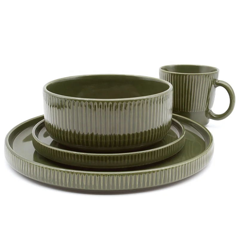 China embossed dark green glazed luxury environmentally friendly stone tableware set European market popular tableware set