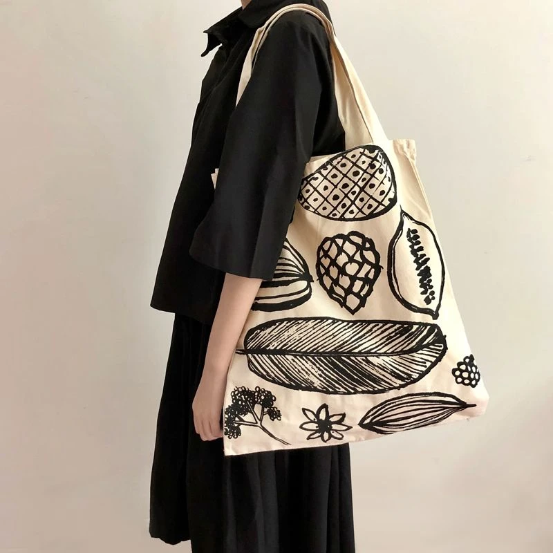 Simple Art Illustration All-match Canvas Bags 2024 Summer Japan Style Female Shoulder Bag Portable Shopping Handbag