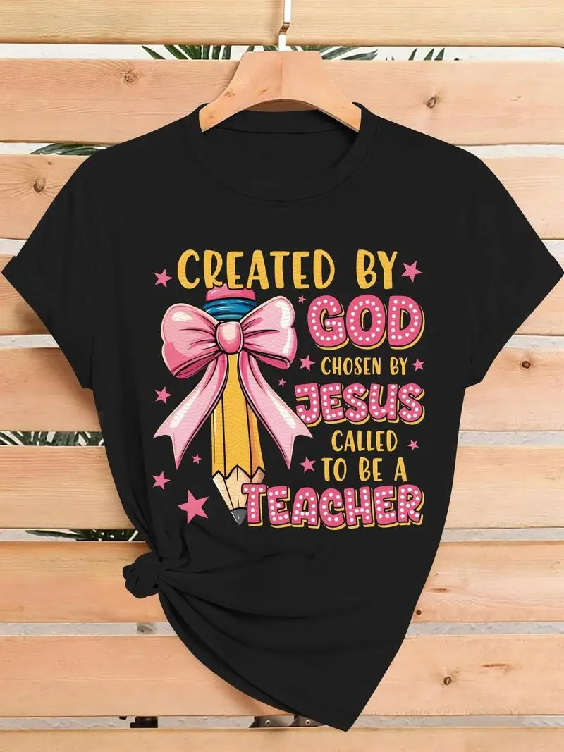 Women's Christian Teacher T-Shirt With Pink Bow And Created By God Called To Be A Teacher Back Print Crew Neck Top For Educators