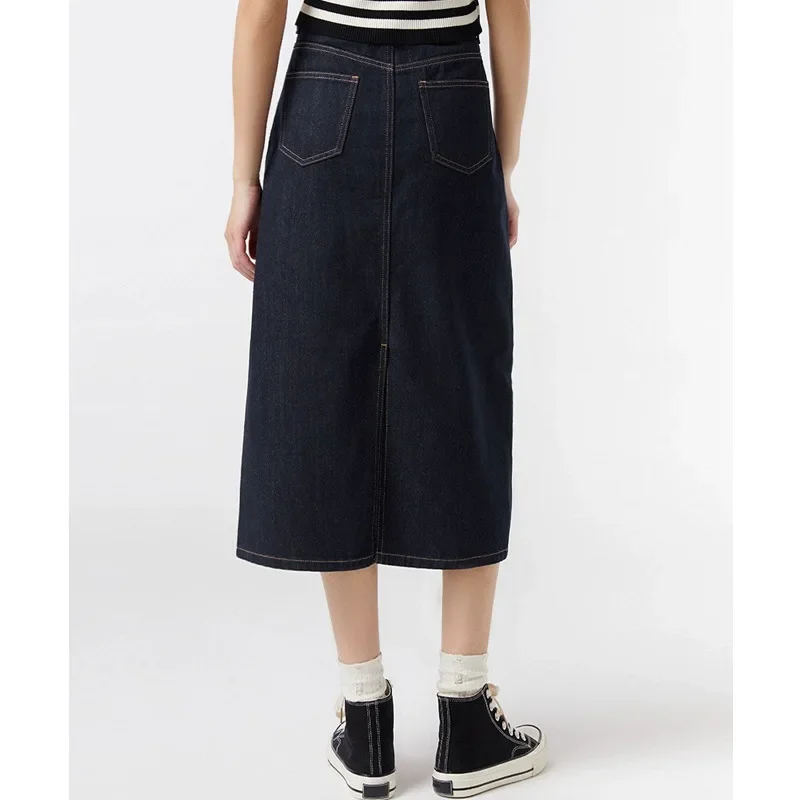 Pop DenimกระโปรงสบายๆSlimmingด้านข้างเอวสูงA-Lineกระโปรง 2024 ฤดูร้อนมาถึงใหม่โต๊ะรับประทานอาหารกระโปรง