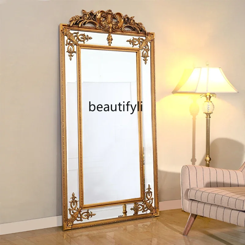 European style, full body wall-mounted mirror, household court retro full-length mirror, clothing store, carved floor mirror.