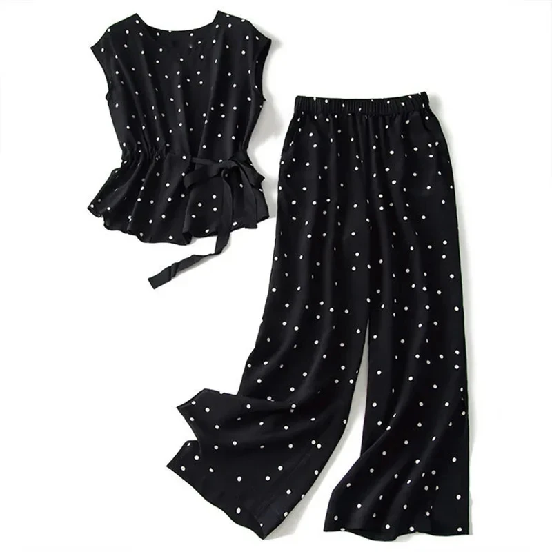 Two Piece Set Polka Dot O-Neck Lace Up Short Sleeve Blouses Shirt Elastic High Waist Wide Leg Ankle-Length Pants Sets For Women