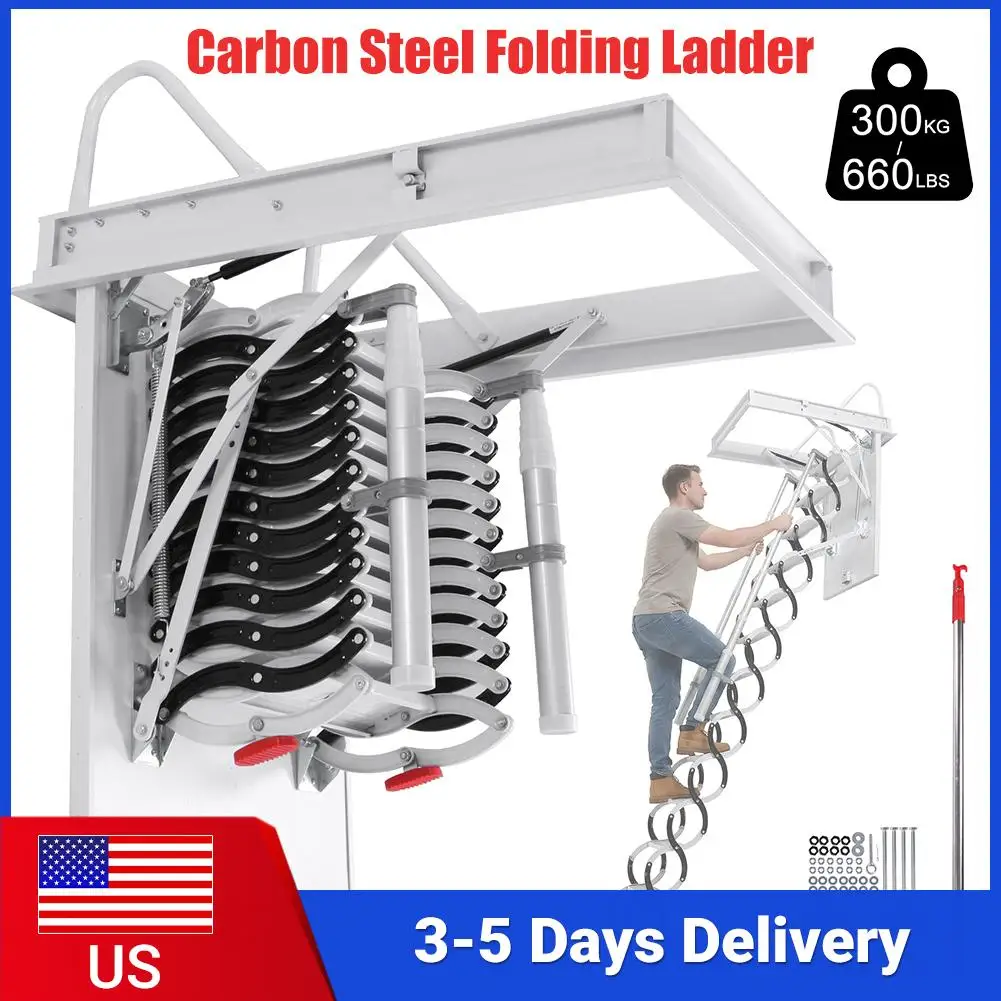 

Carbon Steel Attic Staircases with Handrails Fold Armrests Attic Steps 660LBS Capacity Pull Down System For Home Duplex Villas