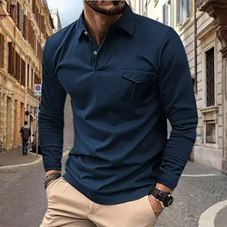 Polo de primavera y otoño para hombre, camiseta con bolsillo con solapa, informal de negocios, de manga larga, de talla grande europea y americana, 2024