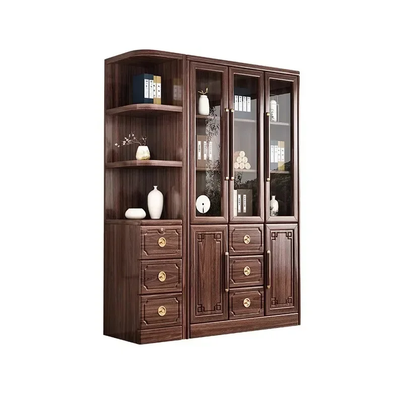 New Chinese style black walnut solid wood bookshelf, home floor to ceiling glass door storage cabinet