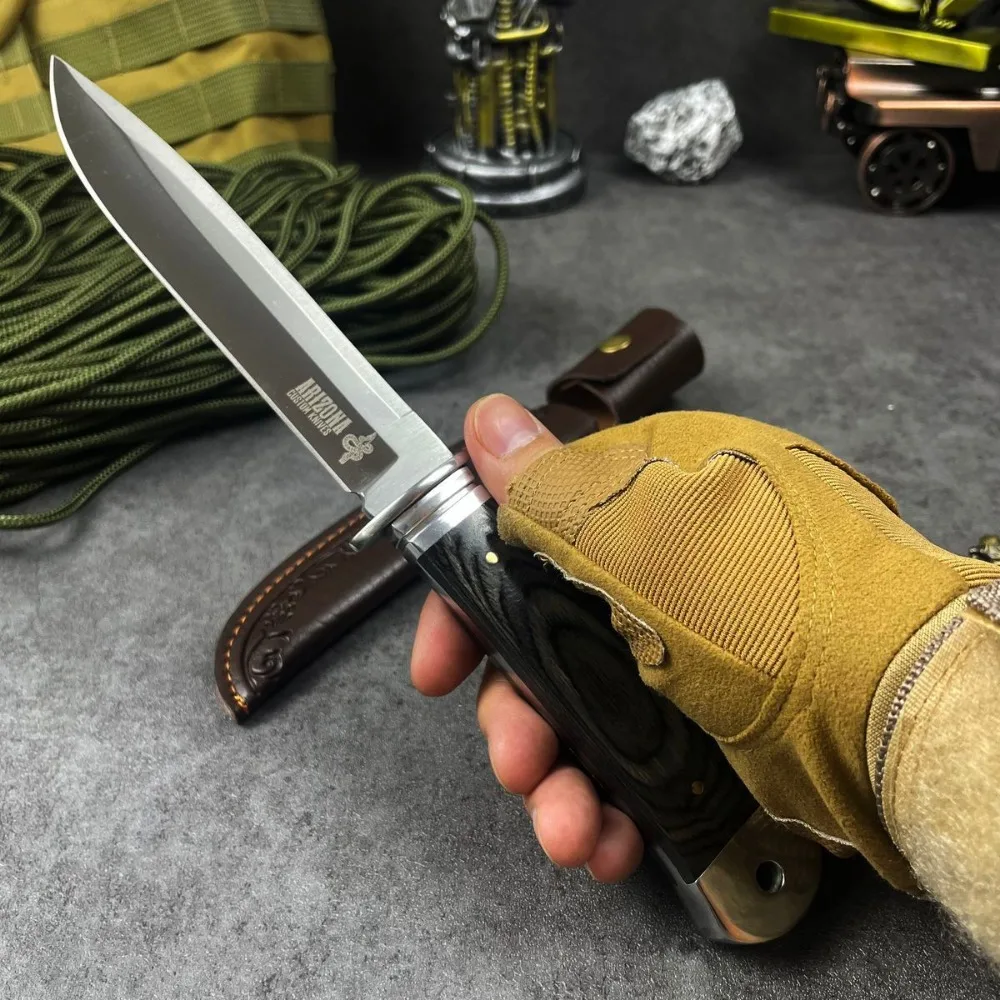 Fixed Blade Straight Knife Color Wood Handle with Embossed Leather Sheath EDC Outdoor Camping Cutting Utility Tool Field Knife
