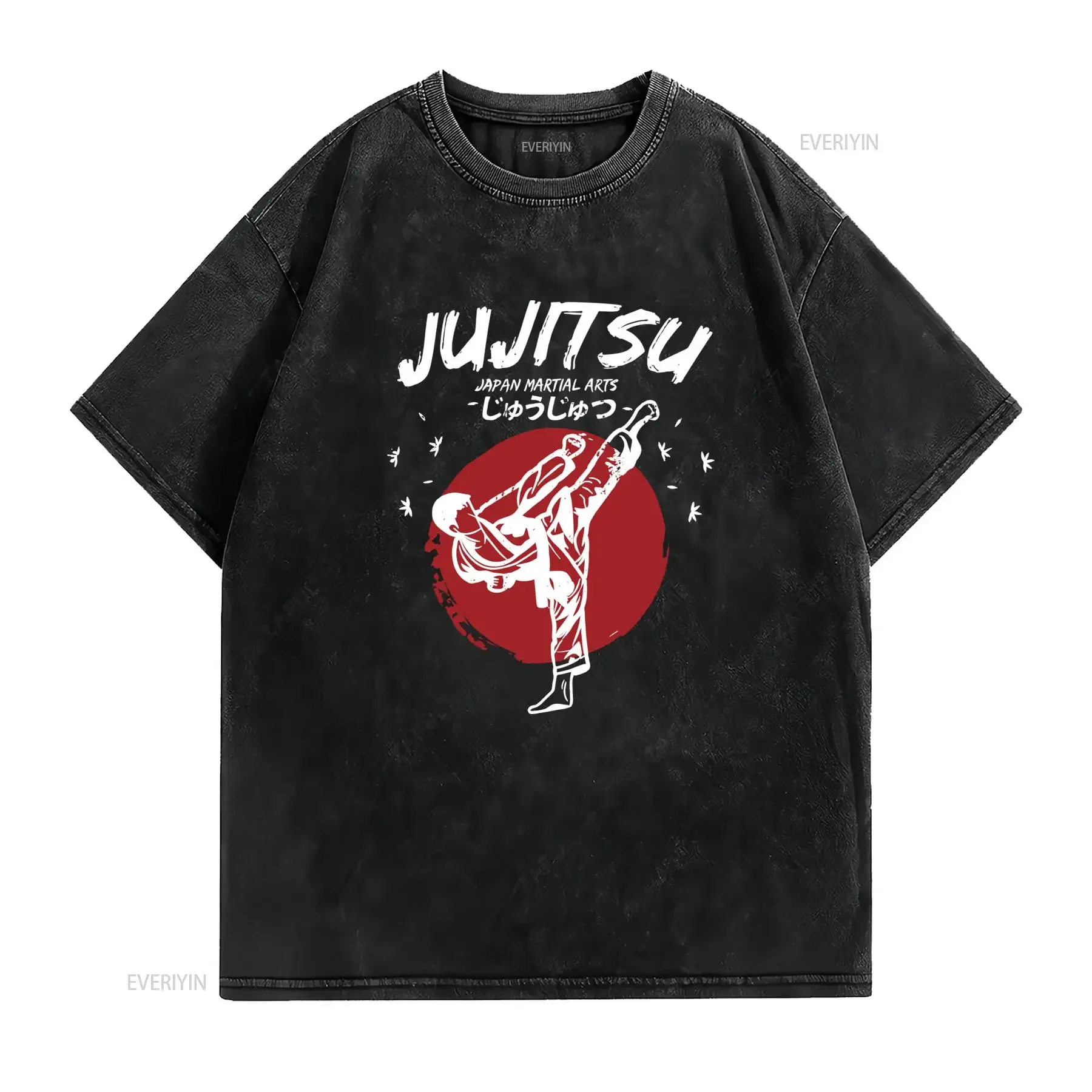 Camiseta de Jujitsu para hombre artes marciales japonesas con estampado dinámico patada y texto japonés en la parte vintage