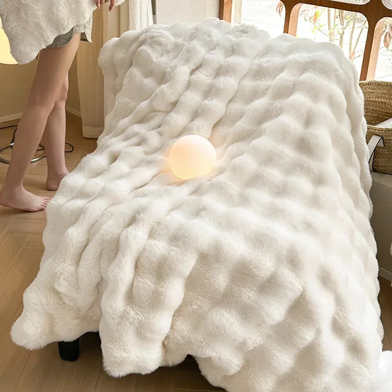 High Quality Faux Fur Blankets for Bed Winter Fluffy Bubble Plush Throw Blanket Living Room Sofa Cover Pillowcase Christmas Gift
