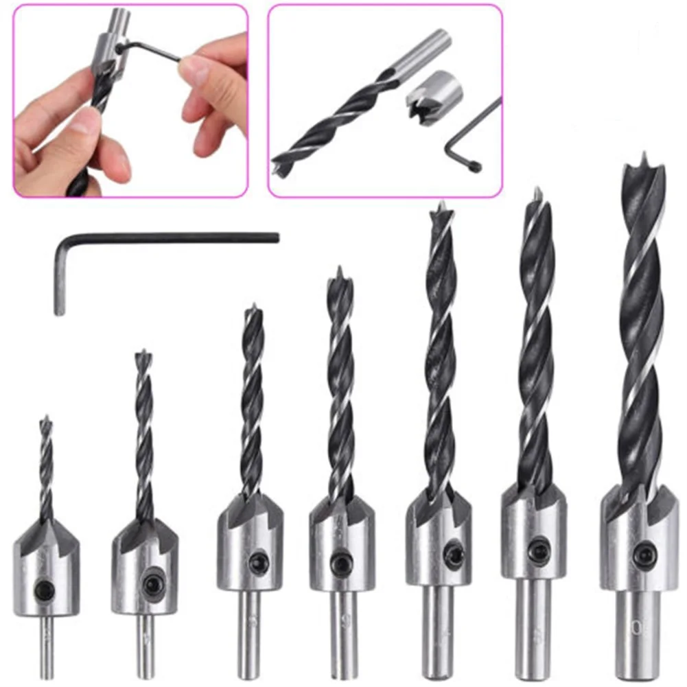 Set mata bor Countersink kayu lapis 7 buah, dengan kunci Hex, mata bor inti Reamer