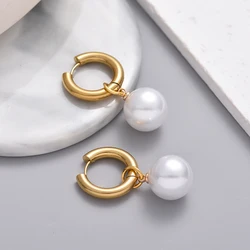 Classic Fashion White Round 16mm Pearl Drop Round Stainless Steel Hoop Earrings For Women Elegant Wedding Party Jewelry Earrings