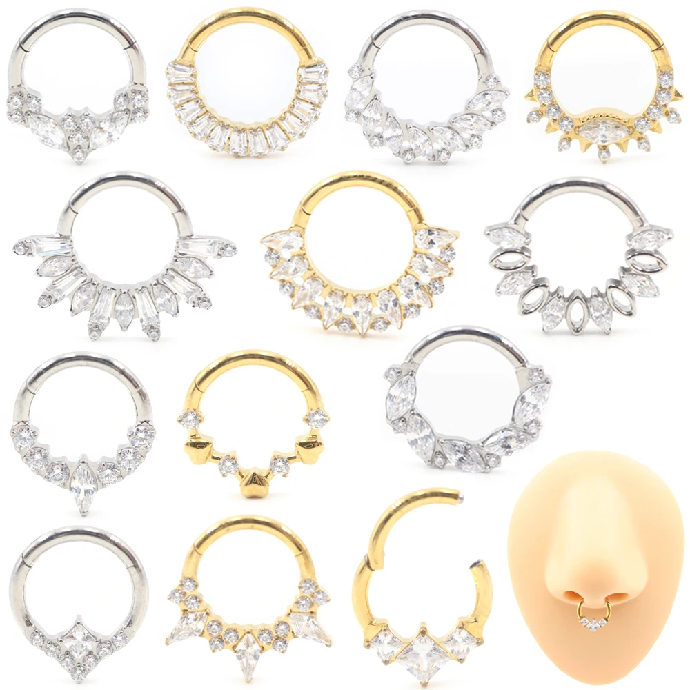 1PC Titanium Square Zircon Hinged Segment Clicker Nose Rings Ear Captive Tragus Septum Cartilage Helix Earring Piercing Jewelry
