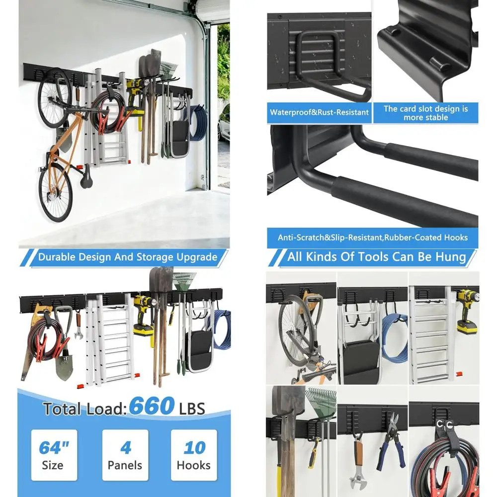 

Прочный настенный органайзер для гаражных инструментов 64 с 10 крючками, вмещает 660 фунтов, идеально подходит для хранения инструментов, сада и навесов.