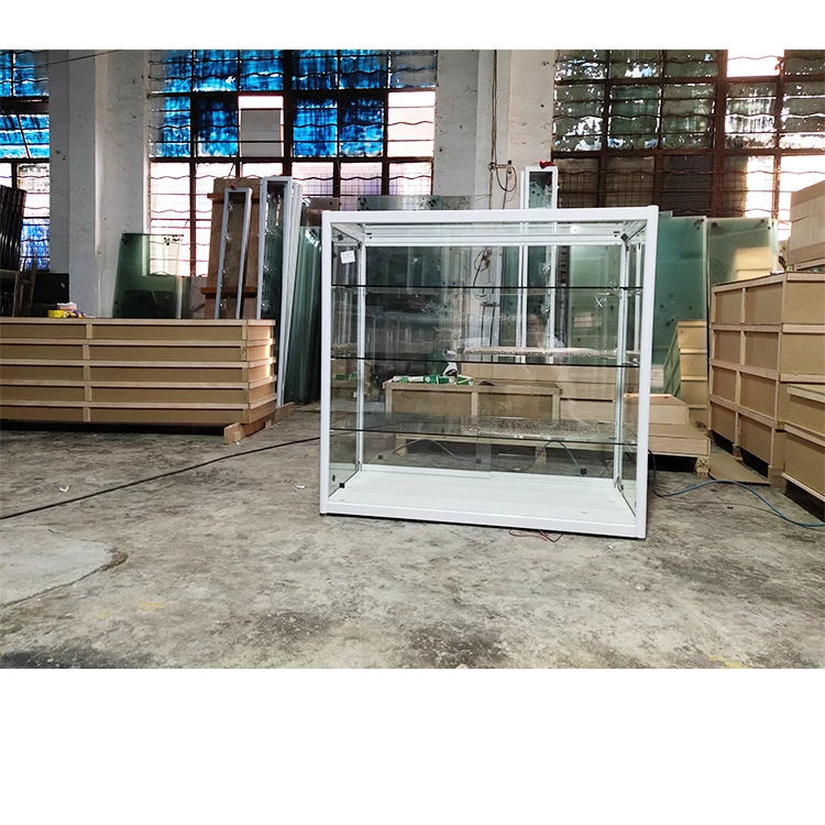 Custom.Guangzhou Old Factory Pure White Tempered Glass and Aluminum Frame All Sides Glass Cashier Counter Table with Lockable Do
