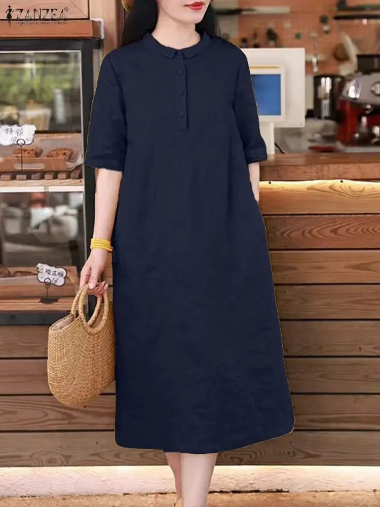 Sukienka damska ZANZEA na lato 2025, elegancka sukienka midi z krótkim rękawem, z kołnierzykiem, w jednolitym kolorze, stylowa sukienka do pracy w stylu OL, codzienna sukienka zapinana na guziki.