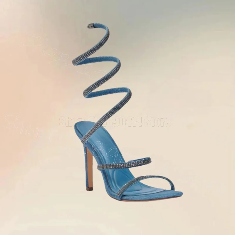 

Crystal Decor Blue Denim Open Toe Twine Sandals Slip On Women Shoes Thin High Heels Party Feast Dating 2025 Zapatos Para Mujere