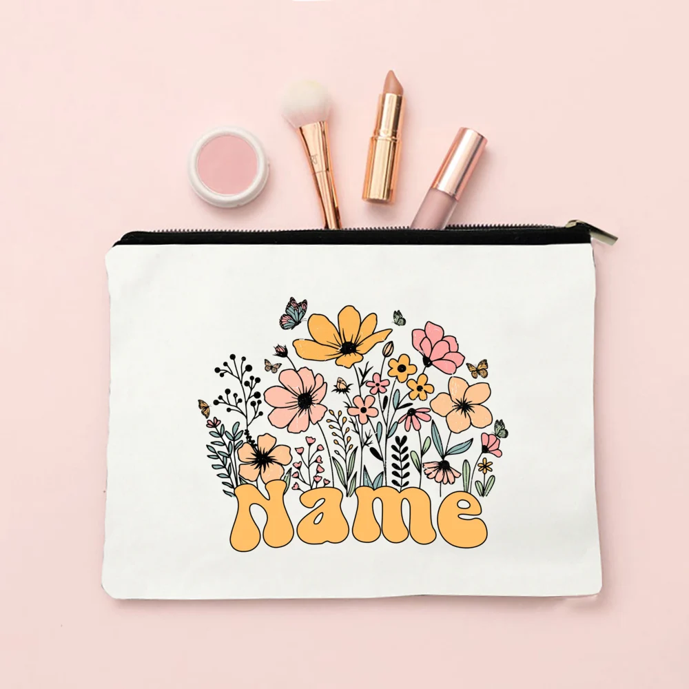 Personalized Flower with Name Makeup Bag Travel Cosmetic Case Canvas Monogram Toiletry Bag Festive Birthday Wedding Gift for Her