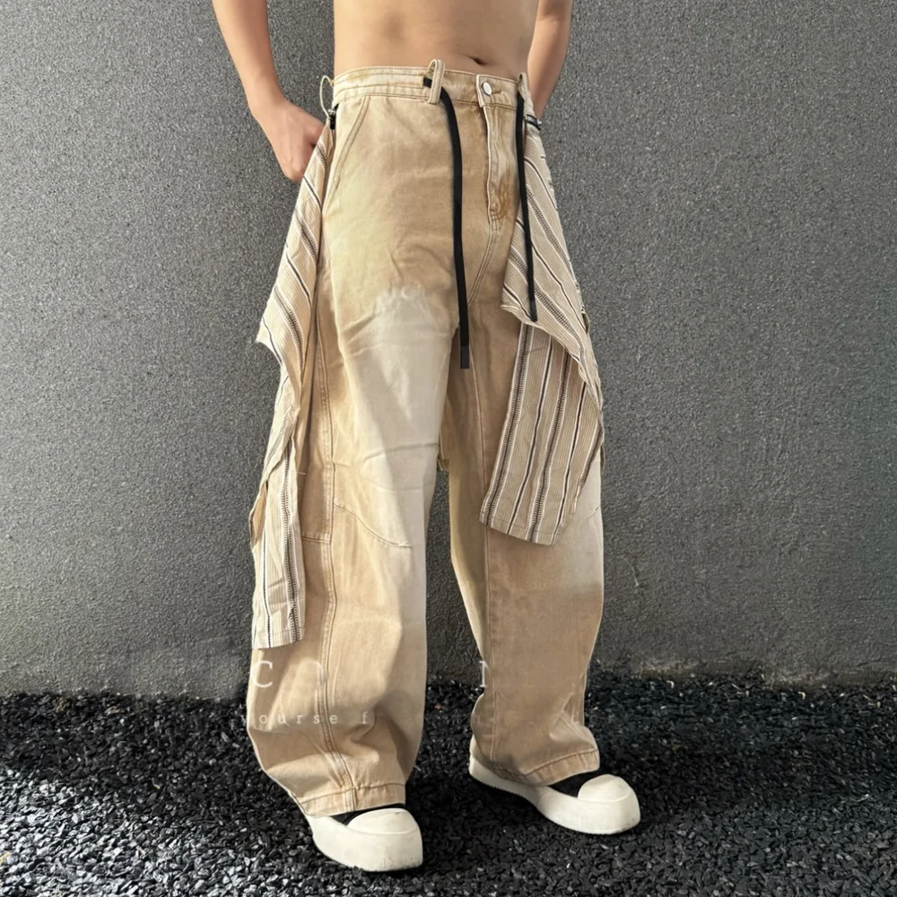 남녀 공용 탈부착 가능한 체크무늬 스커트 스트리트웨어 패션 힙합 루즈 캐주얼 데님 카고 바지 유니섹스 바지