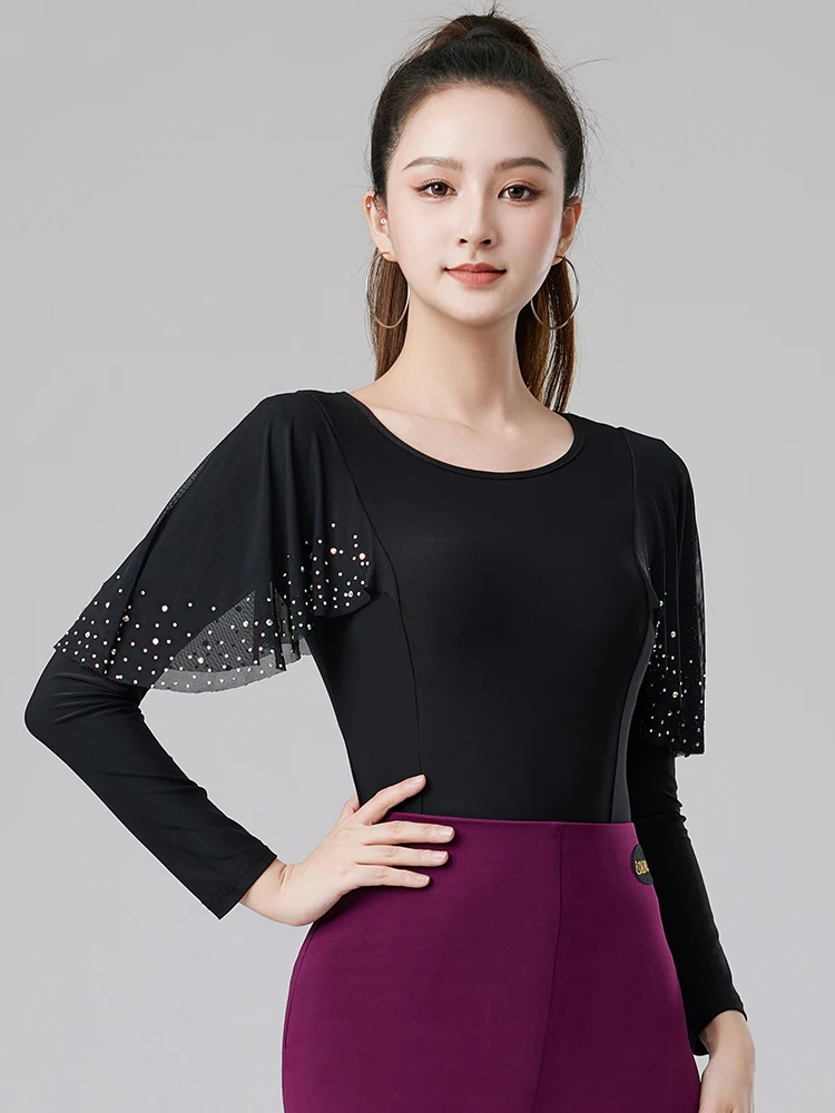 Diamond Long Sleeve Mesh Top Latin Dance Top Women's National Standard Dance Chacha Rumba Tango Modern Dance Costumes DQL11744