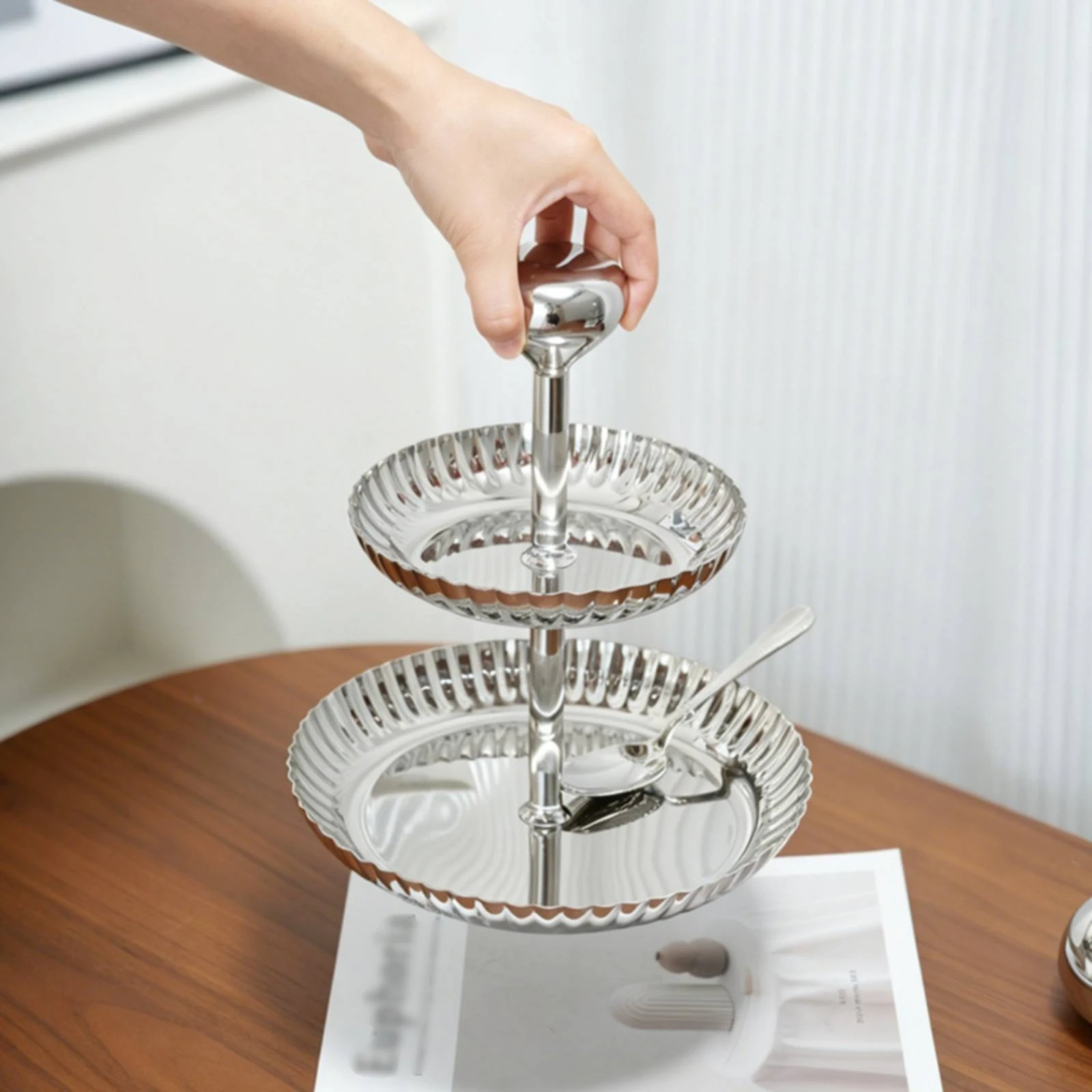 Two-Tier Fruit Tray Silver 2-Tier Serving Tray Tiered Fruit Bowl Decorative Polished for Dining Table
