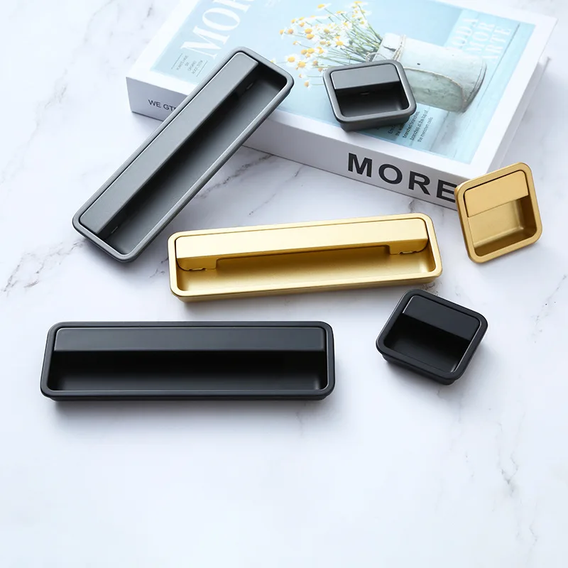 Black Aluminum Alloy Furniture Handles Embedded Concealed Door Knobs Kitchen Cabinet Handles Hidden Buckle Sliding Door Pulls