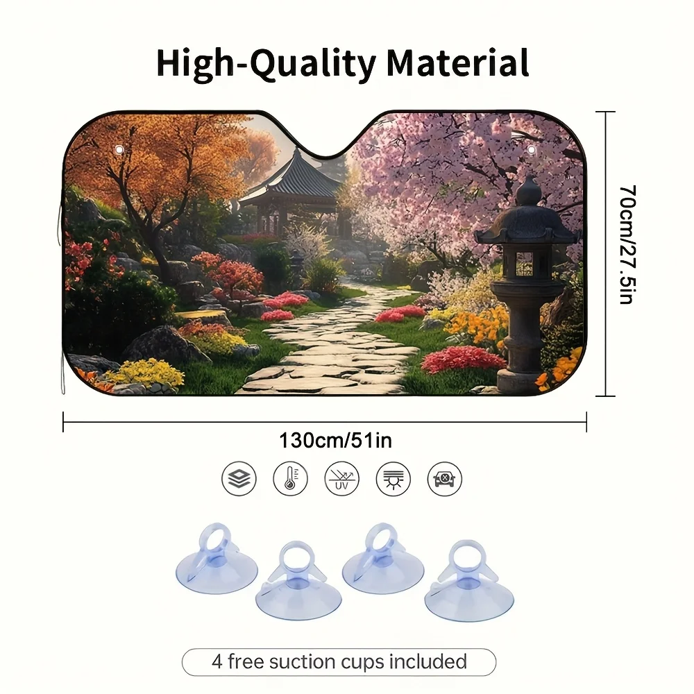 1pc Spring & Wind Courtyard Print Car Sunshade – Stylish White Polyester Design With Vibrant Floral & Pathway Scene, 4 Suction C
