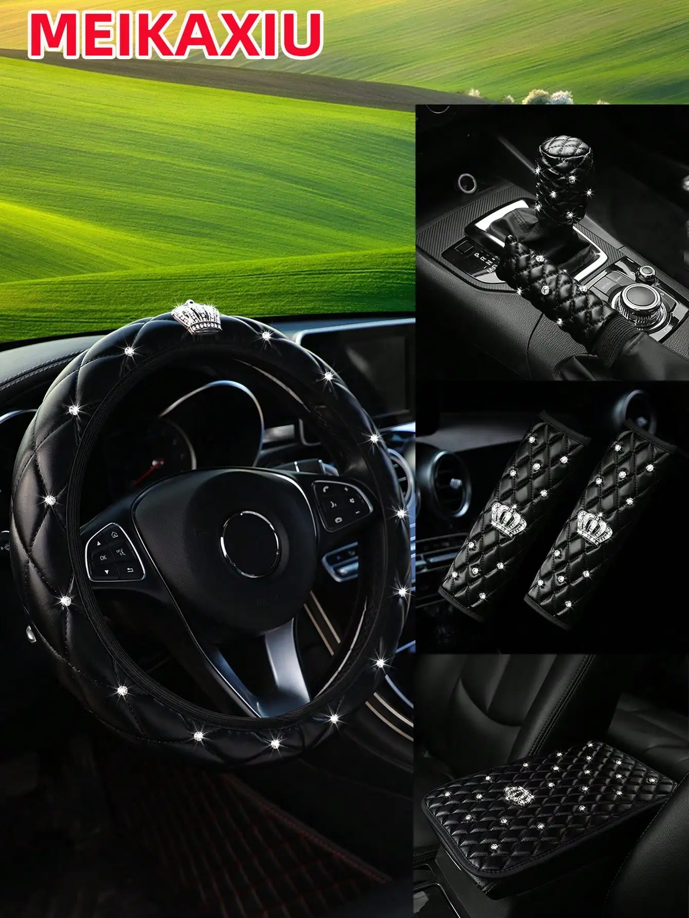 

6-piece car accessory set crafted from soft 3D leather, adorned with sparkling rhinestones and delicate crown embroidery. Available in black, pink and red. The set includes steering wheel cover, seat belt shoulder pads, handbrake cover and gear shift