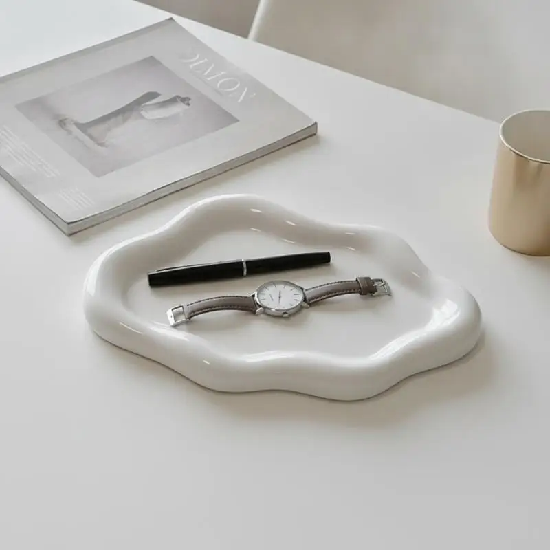 White Cloud Shaped Tray Glossy Finish Wavy Edge For Jewelry Storage Bathroom Vanity Home Decor