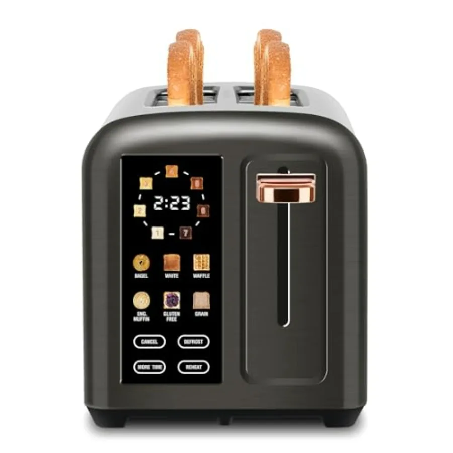 

Тостер на 2 тоста с сенсорным экраном, темно-металлический, 1350 Вт, быстрый нагрев, 7 уровней обжарки, 6 видов хлеба, широкие слоты 1,5 дюйма, съемный поддон для крошек