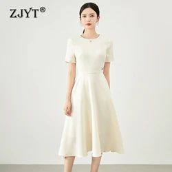 ZJYT Elegant Summer Simple Brief Dresses Women Designer Short Sleeve O Neck Casual Daily Party Dress Midi Aline Vestidos Black