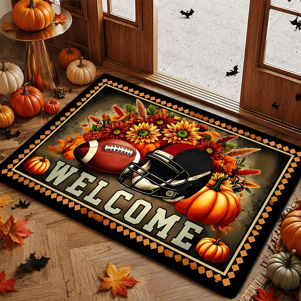 Fall Thanksgiving Rectangular Area Rug Pumpkin Sunflower Text Slogan Graphic Art Mat for Indoor Porch Seasonal Home Space