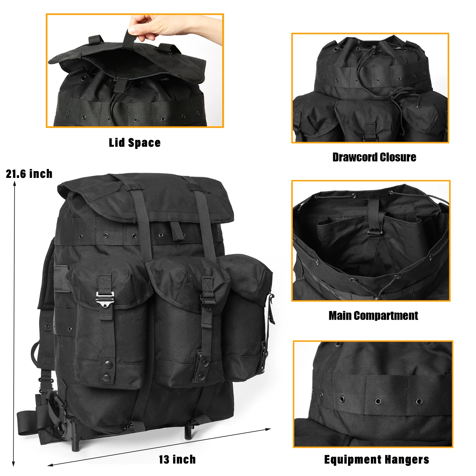 MT Military Alice Pack Army Survival Combat ALICE Rucksack Medium Assault Backpack with External Metal Frame Black