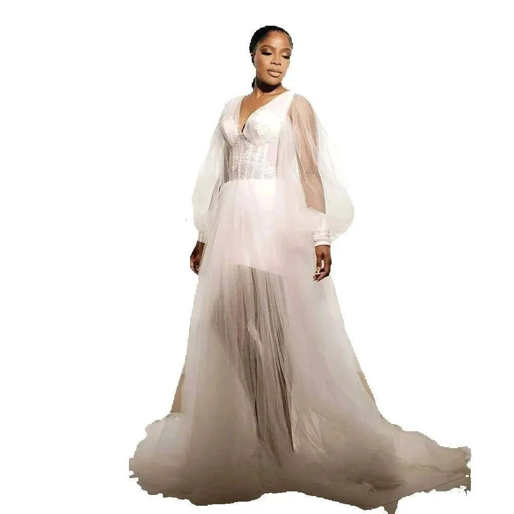 

Customized Amazing African V Neck See Through Lace Wedding Dress Vestido De Casamento Long Sleeves Reception Bridal Shower Dress