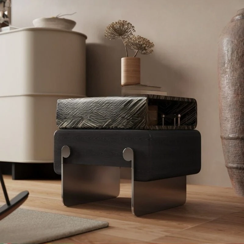

Italian minimalist small bedroom bedside table, creative household rotating ash wood leather bedside cabinet, black cabinet