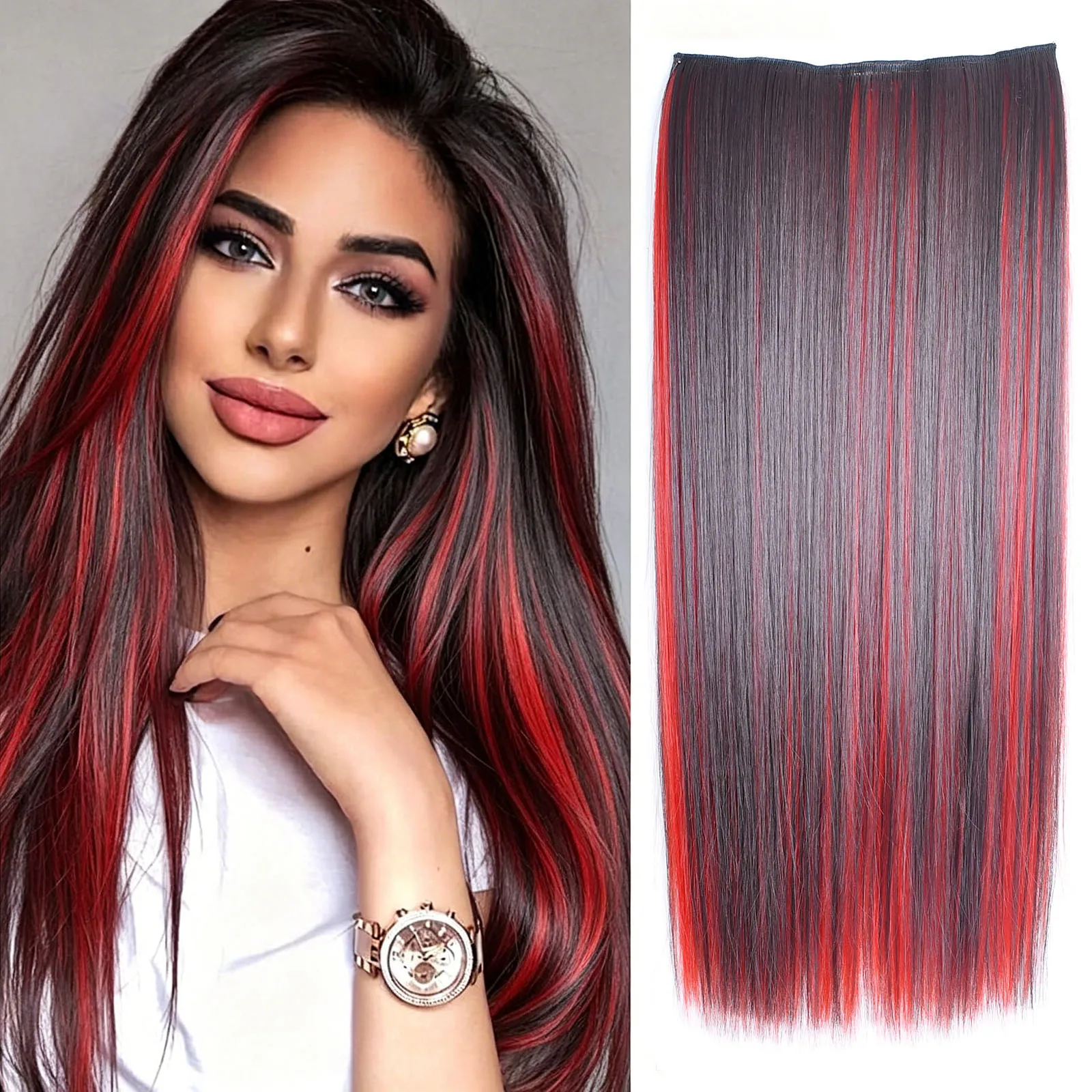 One piece Clip In Hair Extension Synthetic Straight Streak Hair Multi Bright Color Peekaboo Highlights for Women Party Cosplay