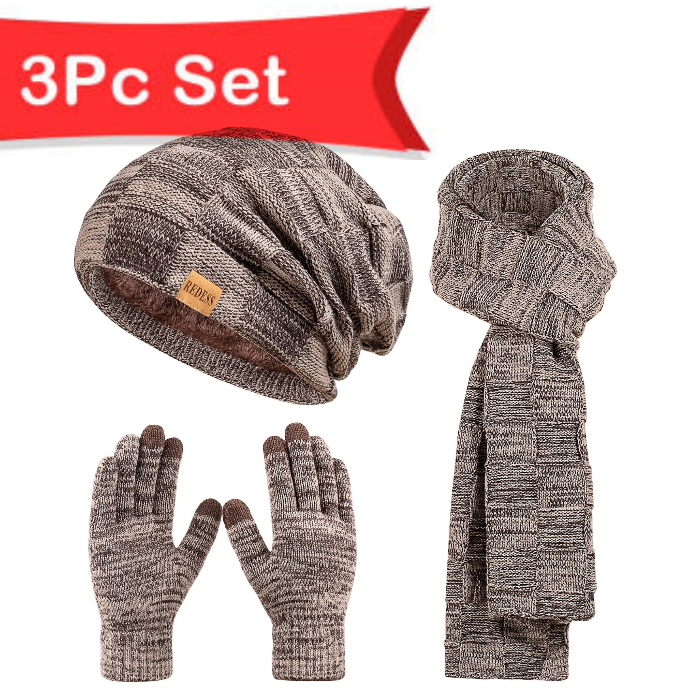 طقم شتوي دافئ ثلاث قطع عالمي للرجال والنساء، قبعة مربعة سميكة مبطنة، وشاح طويل محبوك، قفازات تعمل باللمس.