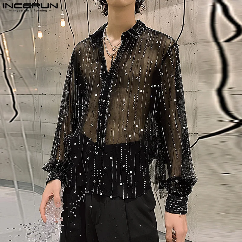 

INCERUN Tops 2024 Korean Style Fashion Men's Tassel Glitter Fabric Shirts Casual Party Shows Hot Sale Long Sleeved Blouse S-5XL