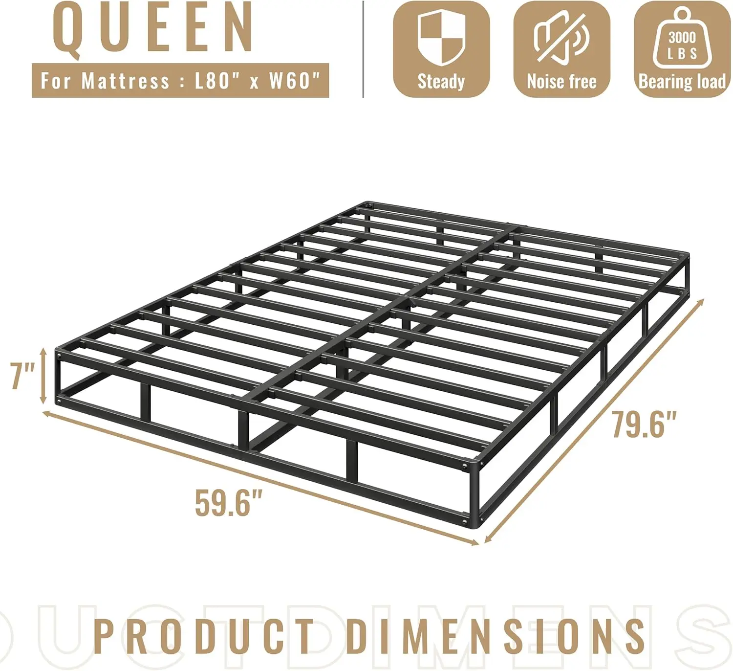 Queen Size Boxspring, 7 Inch Laag Profiel Metalen Frame Matrasfundering, Zware Boxspring Met Hoes, Eenvoudige Montage,