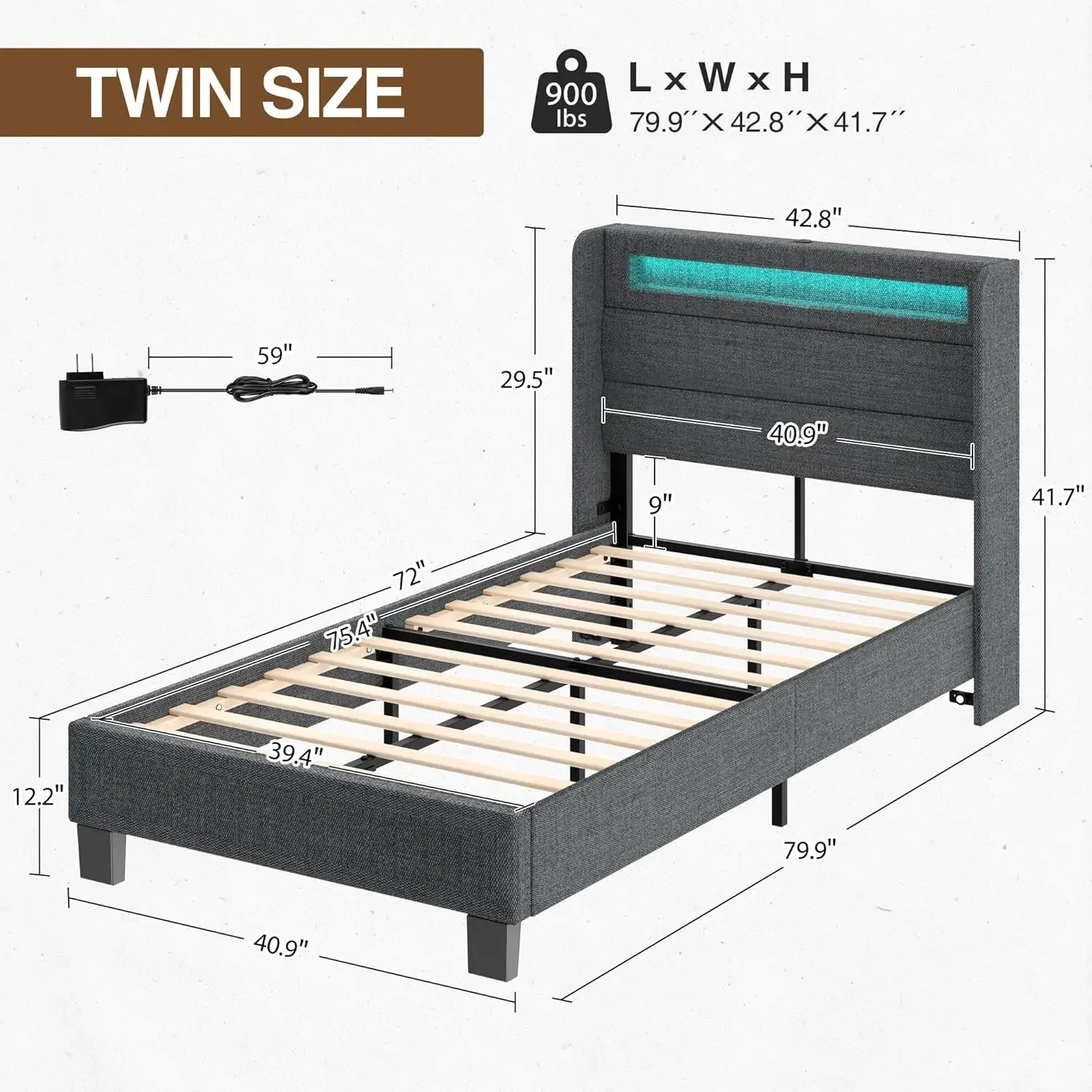 Lights and Charging Station, Upholstered Bed with Motion Activated Night Light and Wood Slats, Dark Grey