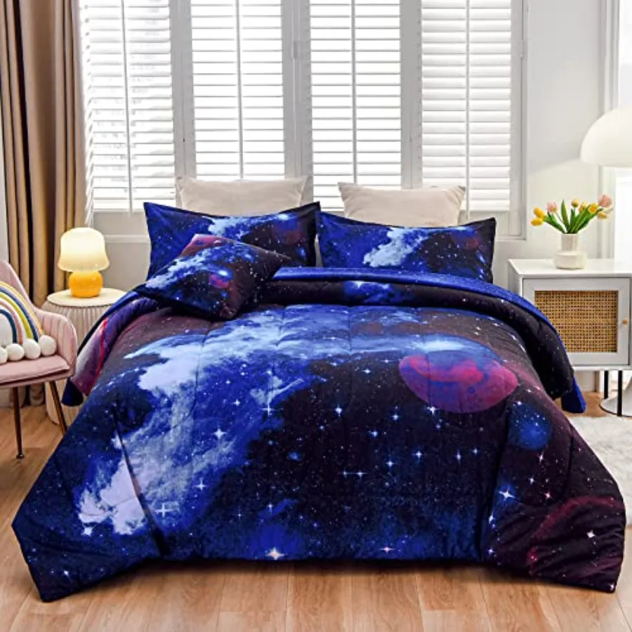 

Galaxy 6Pcs Bedding Sets Outer Space Comforter Bed in a Bag 3D Printed Quilt, for Boy Girl Teen , Queen 6Pcs