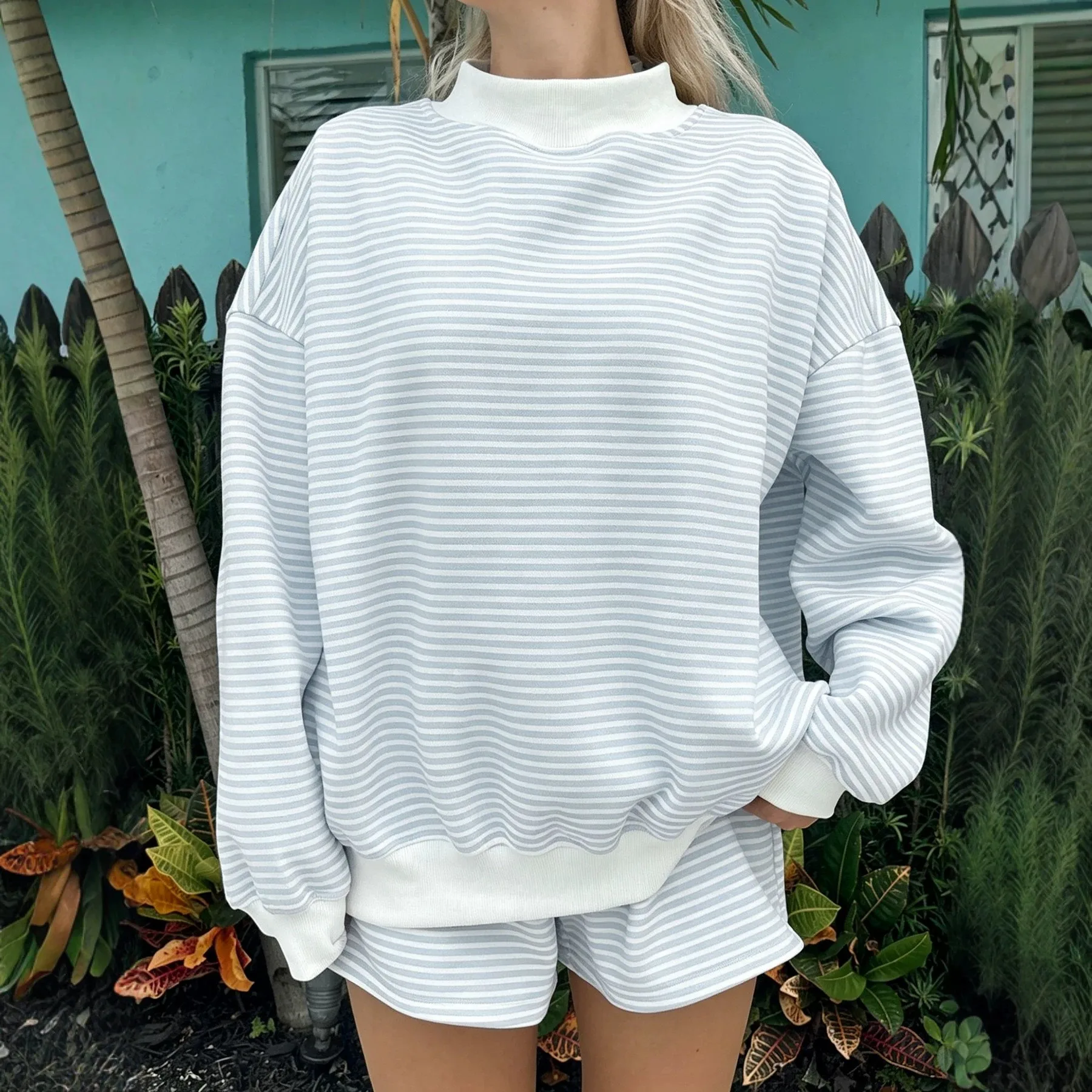 Women's Autumn Striped Color Block Long Sleeve High Neck Loose Fit Combed Cotton Casual Hoodie with Kangaroo Pocket and Ribbed view 5