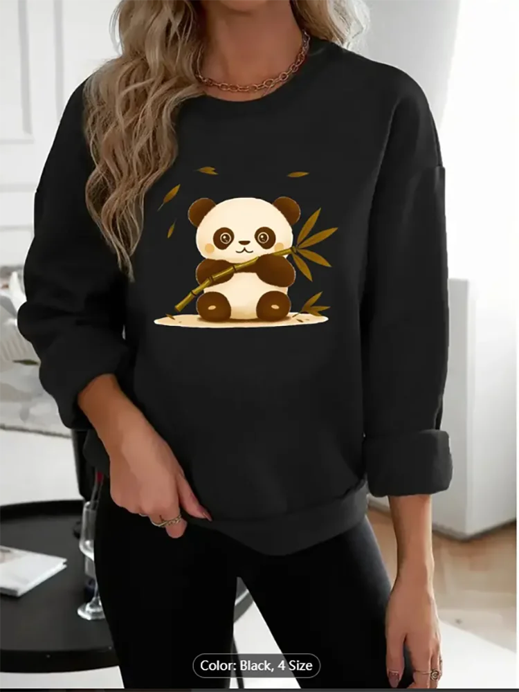 

Женская повседневная толстовка с круглым вырезом на флисовой подкладке, эластичный всесезонный пуловер с милым мультяшным принтом панды, одежда для отдыха