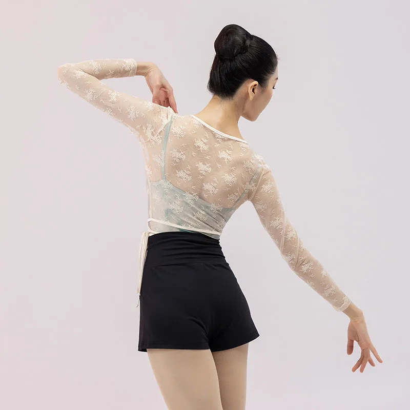 Woman Ballet Crop Lace Jacket Dance Top Wrap V Neck Long Sleeve Dance Shirt Bandage Ballet Tops Training Tops Dance Costumes