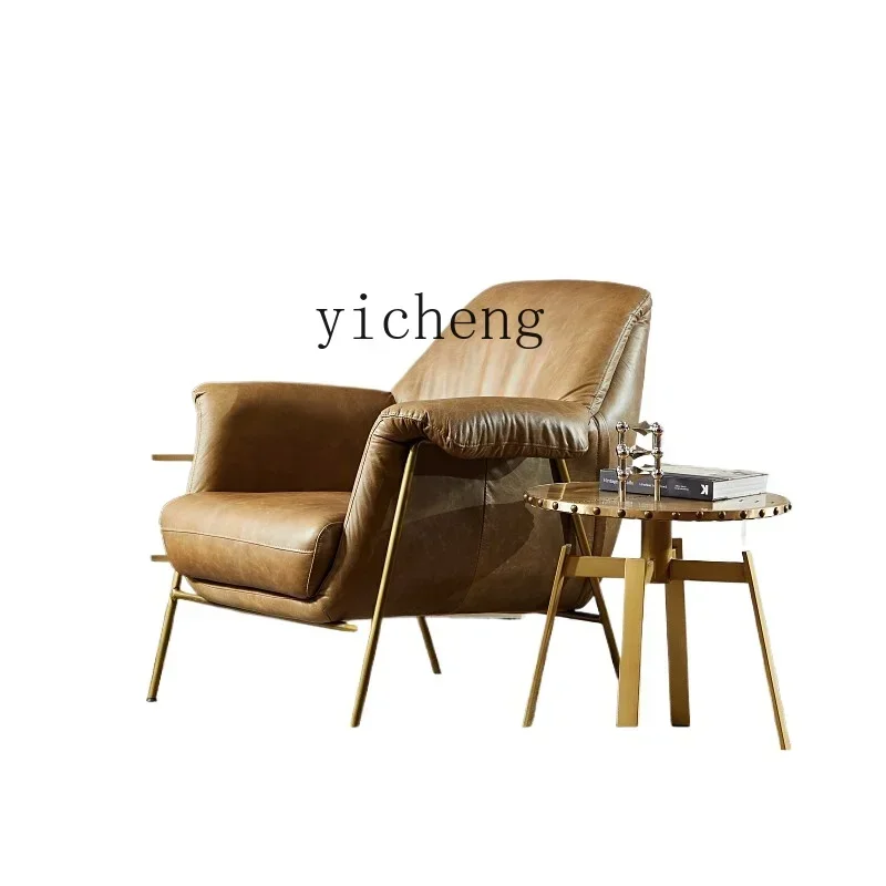 

retro full leather metal adult sofa chair living room light luxury wrought iron single first layer cowhide bedroom sofa