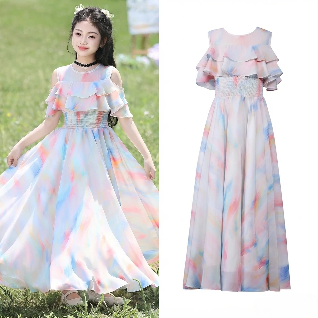 Summer Girl Chiffon Maxi Dress Fairy Princess Dresses Watercolor Ruffle Cold Shoulder Boho Beach Party formal gown Kids 4-15Y