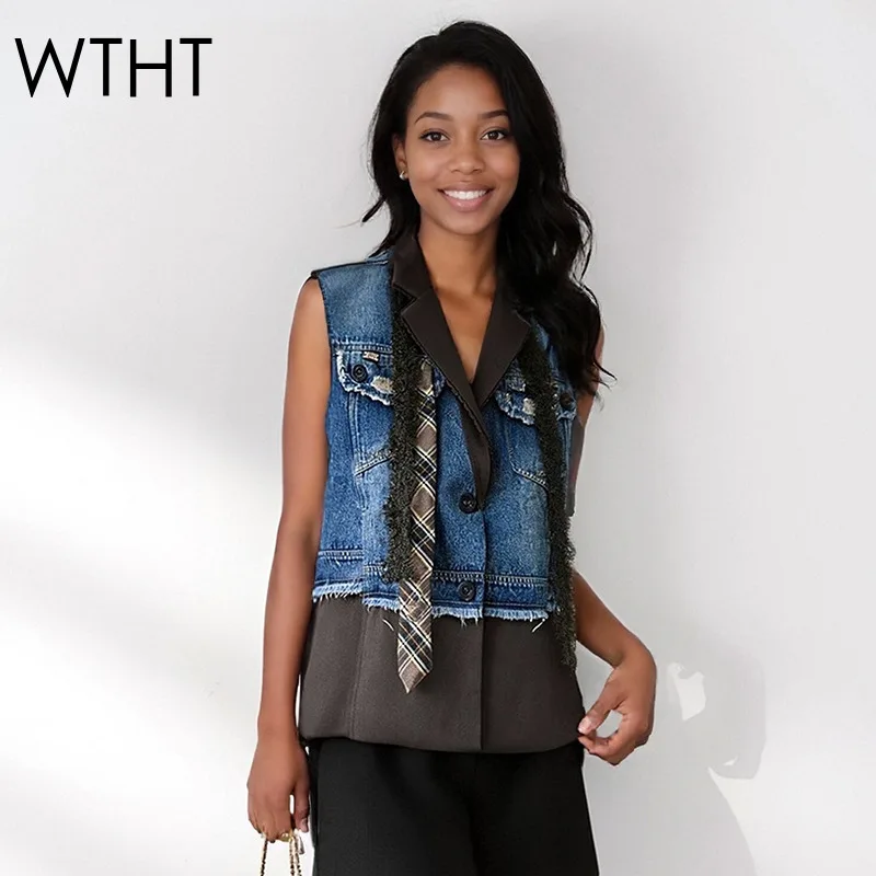 

WTHT новый модный женский лоскутный джинсовый полосатый дизайн с галстуком, жилет 2022, осенний модный жилет без рукавов с лацканами, женский 1LS2670