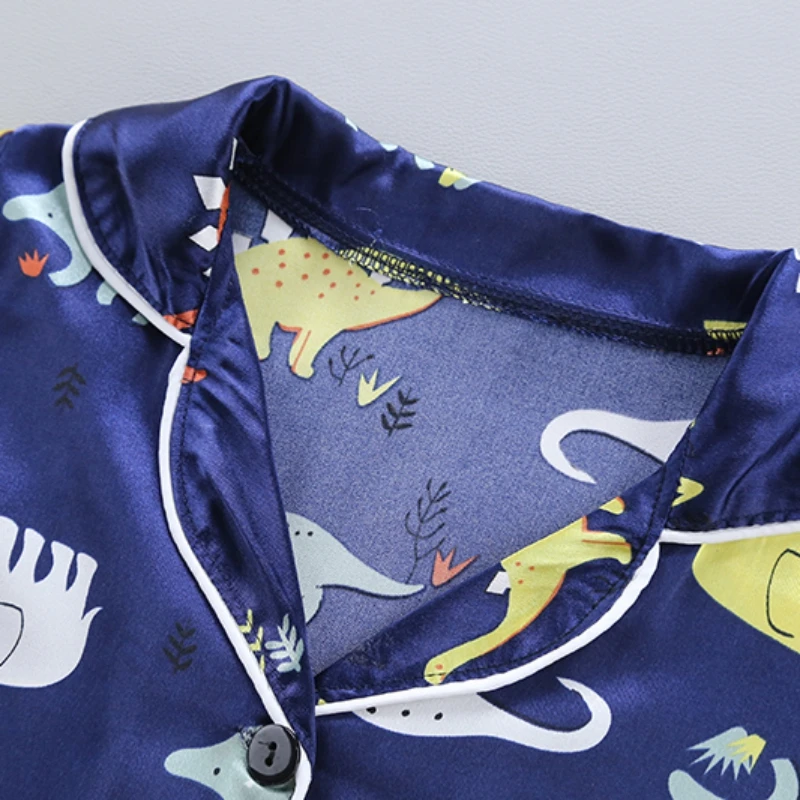 Boys And Girls Summer Imitation Silk Dinosaur Print Short-Sleeved Pajamas + Pajama Pants Two-Piece Cute Cartoon Comfort Set