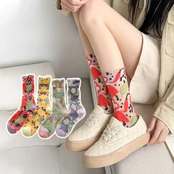 Crystal Silk Socks Women Ultra-thin Transparent Summer Elastic Long Socks Vegetables Embroidery Kawaii Cute Glass Silk Socks Sox
