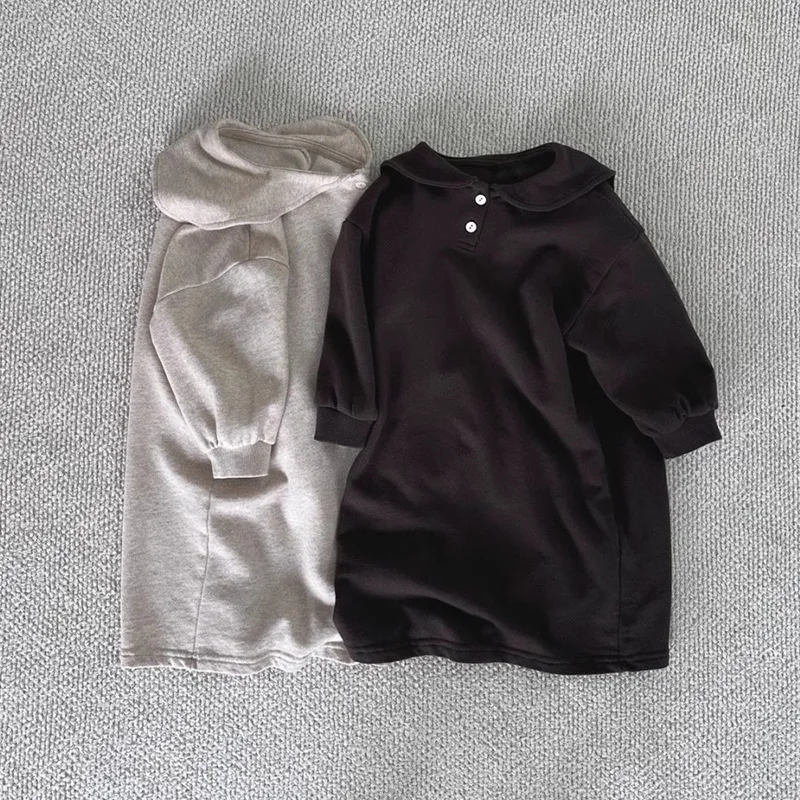 

2025 Autumn New Girls Long Sleeve Casual Dress Children Lapel Princess Dress Baby Girl Cotton Sweatshirt Dress Kids Clothes