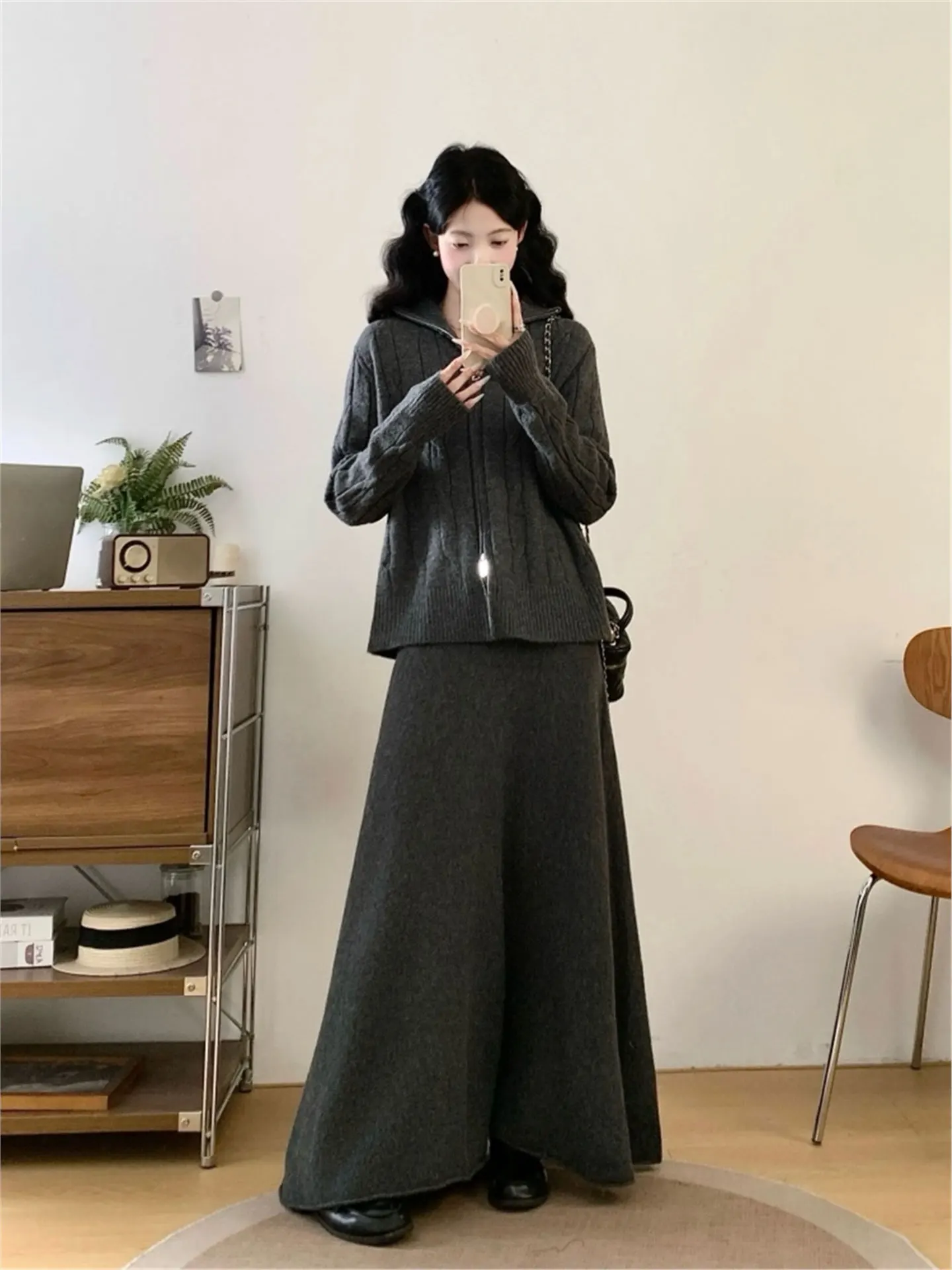 

plus Size Autumn Winter Women's High Collar Zipper Cardigan Sweater f Skirt Slimming Two Piece Set Faion Casual Sle