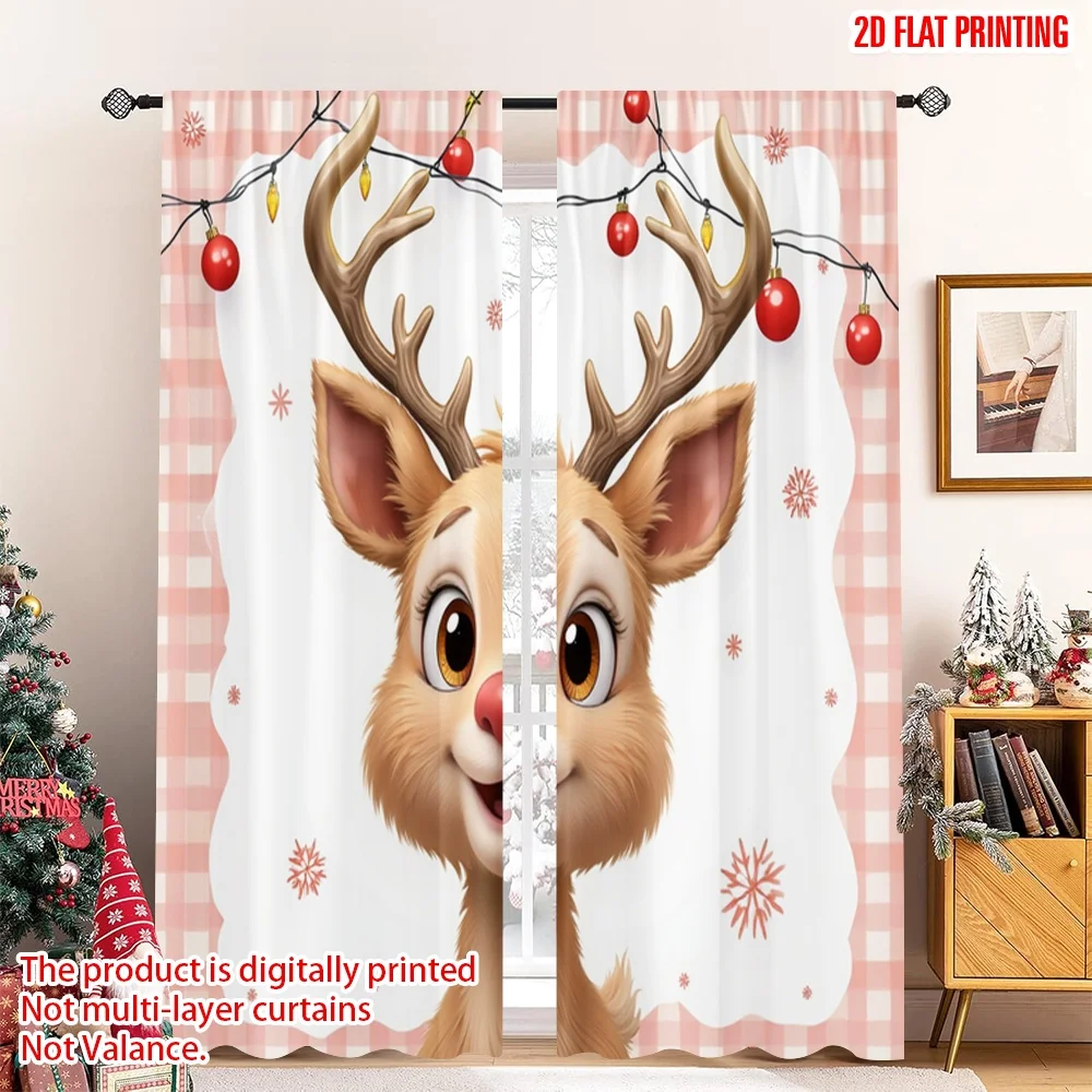 

2pcs 2D flat printing Christmas Party Curtain Cute Reindeer Christmas Festive Glow Polyester Fabric Without Electricity Birthday